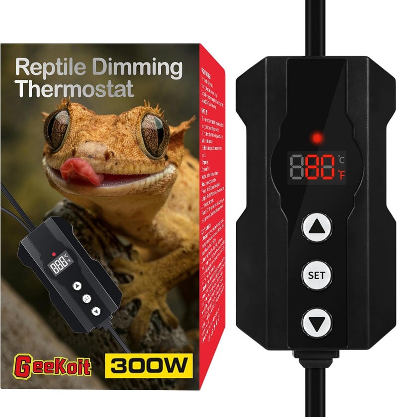 GeeKoit Reptile Dimming Thermostat, Temperature Controller, 300W, Extend Bulb Life, Ideal for Use with Heat Lamp, Digital Thermostat for Reptiles Tank, Designed Specifically for Light-Emitting Heater - Image 1